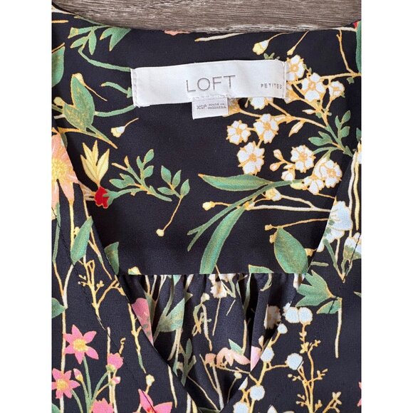 LOFT SLEEVELESS V-NECK FLORAL SHELL BLOUSE RUFFLE PETITES SIZE XSP BLACK - Picture 4 of 9